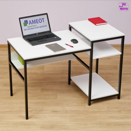 Многофункциональный стол для компьютера, принтера, системного блока, с полками Танай 2W белый/черный на металлокаркасе